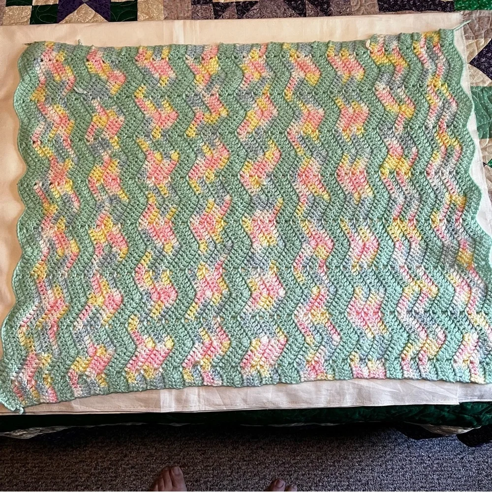 Beautiful handmade small baby/lap afghan-green, pink, blue